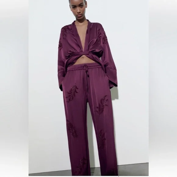 Zara 2 Piece Embroidered Beaded Kimono and Pants Co Ord Set - Picture 2 of 9